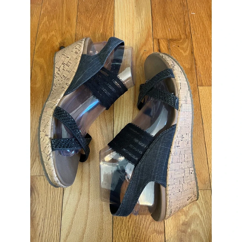 Skechers Beverlee‎ Luxe Foam Wedge Sandals Denim Black Sz 10 Cork Look Heel